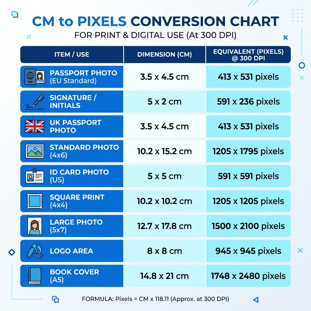 CM to pixel conversion chart for passport photo sizes