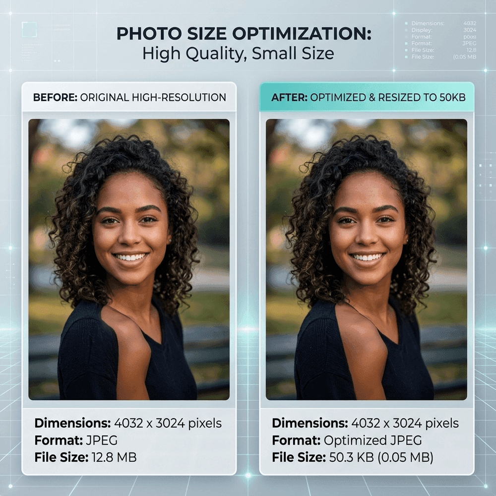 Resize photo to 50KB example before and after compression showing uncompromised quality