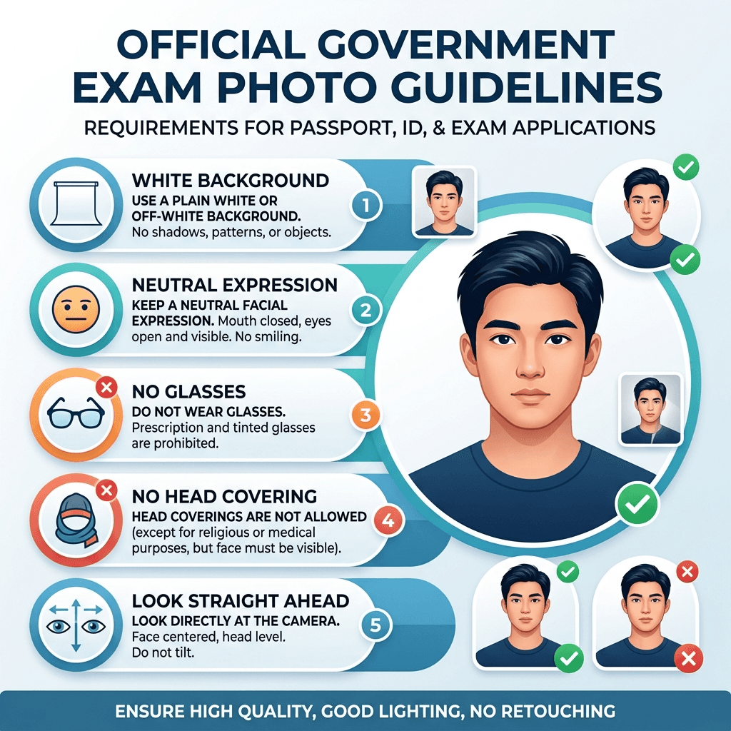 Government exam photo guidelines white background example