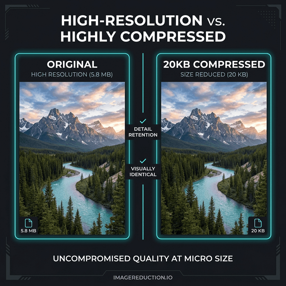 Resize image to 20KB example before and after compression showing uncompromised quality